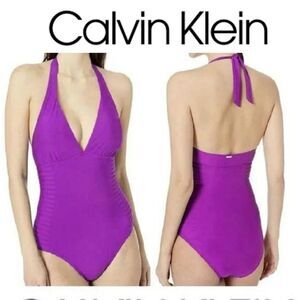 Calvin Klein purple ribbed Side Pleated Tummy control Halter sz 14 swims…